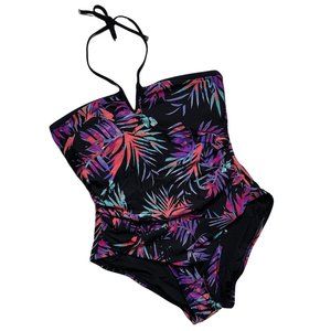 Calvin Klein Floral One Piece Swimsuit Size 18 Halter Ruched Black Purple